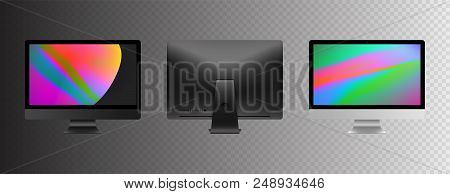 Stock Vector Illustration Realistic Set Personal Professional Desktop Computer. Modern Flat Screen M