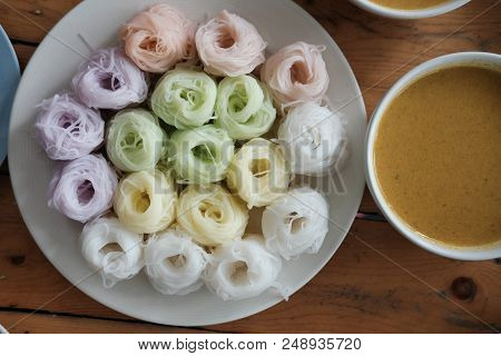 Thai Vermicelli With Natural Herbal Color. Rice Noodle & Curry Soup