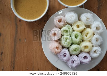 Thai Vermicelli With Natural Herbal Color. Rice Noodle & Curry Soup