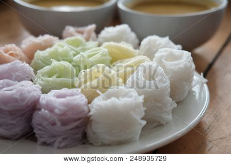Thai Vermicelli With Natural Herbal Color. Rice Noodle & Curry Soup