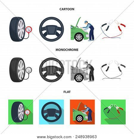 Engine Adjustment, Steering Wheel, Clamp And Wheel Cartoon, Flat, Monochrome Icons In Set Collection
