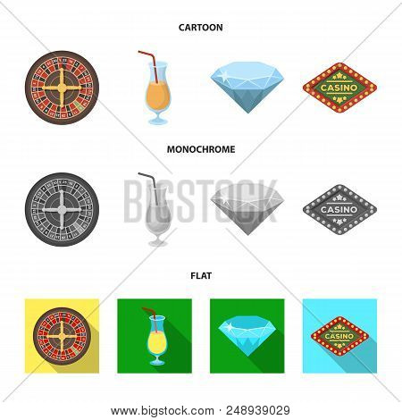 Roulette, A Glass With A Drink, A Diamond, A Sign With The Inscription Casino. Casino And Gambling S