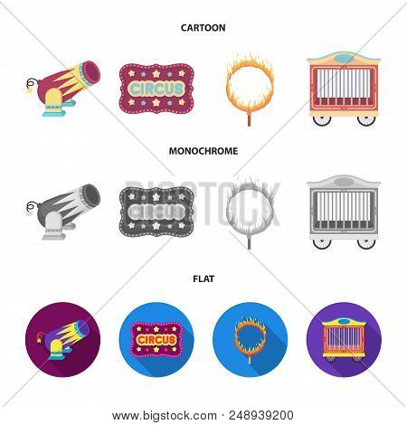 Circus Trailer, Circus Gun, Burning Hoop, Signboard.circus Set Collection Icons In Cartoon, Flat, Mo