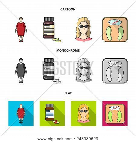 Full Woman, A Girl With Glasses, A Scales With Exquisite Result. Diabeth Set Collection Icons In Car