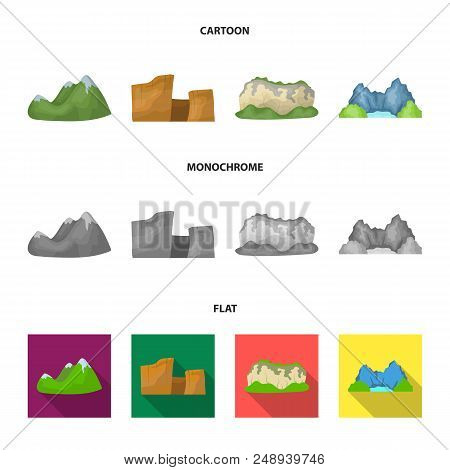 Green Mountains With Snow Tops, A Canyon, Rocks With Forests, A Lagoon And Rocks. Different Mountain