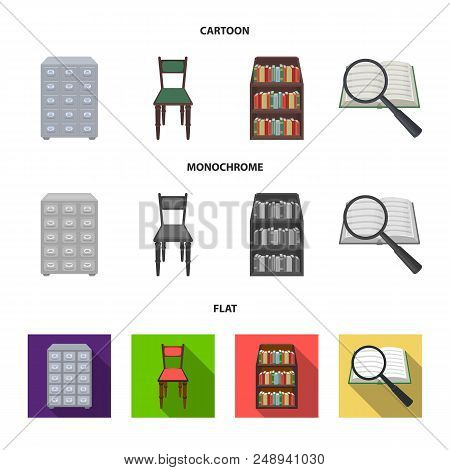 Cabinet With Filing Cabinet, Chair, Shelves, Information Search. Library And Bookstore Set Collectio