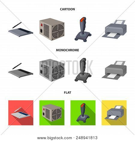 Power Unit, Dzhostik And Other Equipment. Personal Computer Set Collection Icons In Cartoon, Flat, M