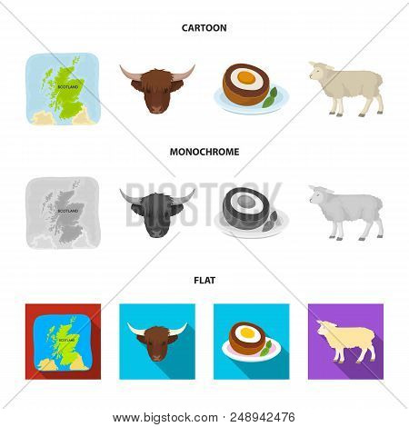 Territory On The Map, Bull Head, Cow, Eggs. Scotland Country Set Collection Icons In Cartoon, Flat, 
