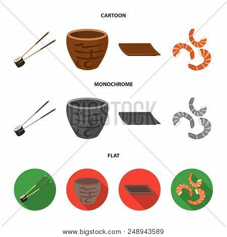 Sticks, Shrimp, Substrate, Bowl.sushi Set Collection Icons In Cartoon, Flat, Monochrome Style Vector
