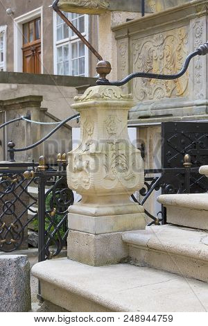 Mariacka Street, Typical Decorative Stoop With Stone Stairs, Fronts Of Colorful Tenements, Main City