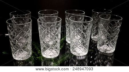 Kitchen Utensil, Collection Of Transparent Empty Vintage Crystal Glass Stemware Used To Set A Table 