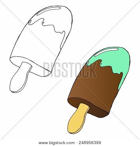 Ice Cream. Vector Illustration Of Chocolate, Fruity Ice Cream. Hand Drawn Ice Cream On A Stick.