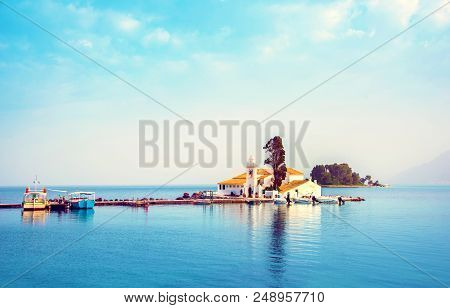 Nice Optimistic Bright View Of Vlacherna Monastery On The Kanoni Peninsula In Kerkyra, Corfu, Greece