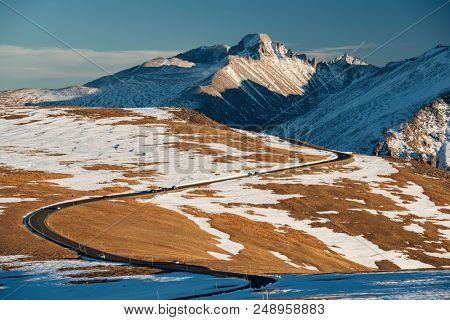 Trail Ridge Road, the highest (12,183 feet) continuous highway in the USA in high alpine tundra with rocks and mountains at autumn. Rocky Mountain National Park in Colorado, USA. 
