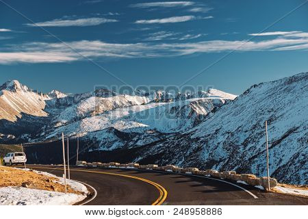 Trail Ridge Road, the highest (12,183 feet) continuous highway in the USA in high alpine tundra with rocks and mountains at autumn. Rocky Mountain National Park in Colorado, USA. 