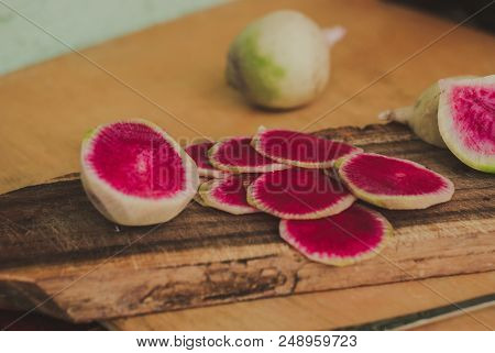 Freshly Harvested Organic Watermelon Radish On Wooden Background