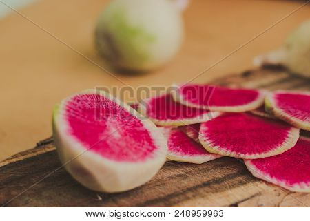 Freshly Harvested Organic Watermelon Radish On Wooden Background