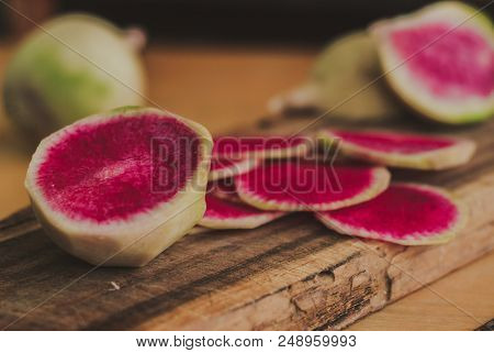 Freshly Harvested Organic Watermelon Radish On Wooden Background