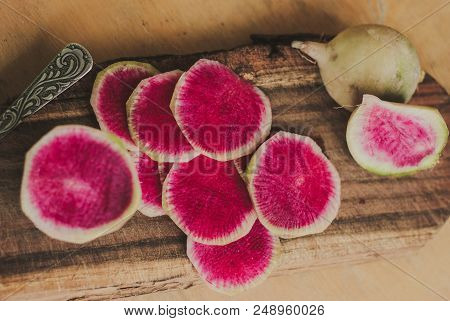 Freshly Harvested Organic Watermelon Radish On Wooden Background