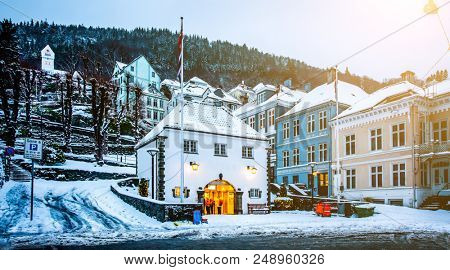 Bergen, Norway - December 29, 2014: Starting point travel to Mount Floyen - building cable Floibanen at Christmas