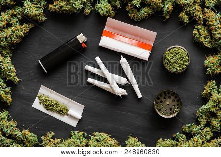 Grinder A Lot Ofx Marijuana, Fresh Buds Of Cannabis Many Weed. Copy Spase Copy-space