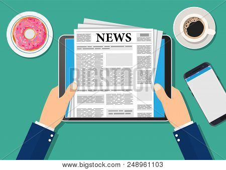Newspaper On Tablet, Person Hands Reading World News Magazine On Electronic Device, Coffee Break Or 