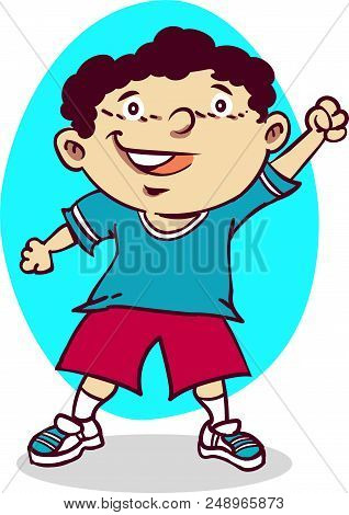 Happy Cartoon Kid One Arm Up Vector Illustration