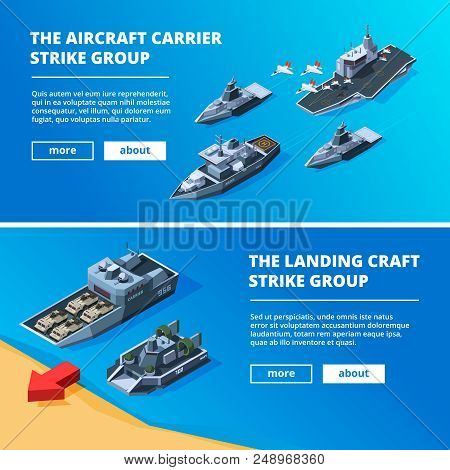 Banners With Military Boats. Vector Pictures Of Warships. Military Boat Transportation, Navy Vessel 