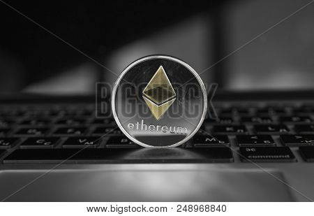 Ethereum Coin Symbol On Laptop, Future Concept Financial Currency, Crypto Currency Sign. Blockchain 
