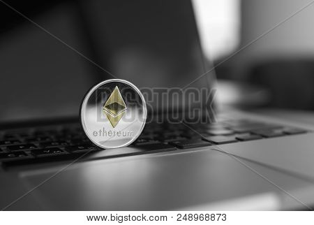 Ethereum Coin Symbol On Laptop, Future Concept Financial Currency, Crypto Currency Sign. Blockchain 