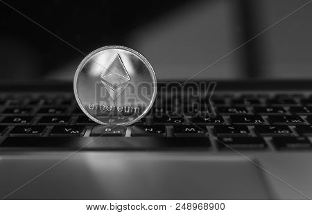 Ethereum Coin Symbol On Laptop, Future Concept Financial Currency, Crypto Currency Sign. Blockchain 