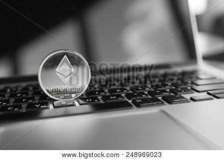 Ethereum Coin Symbol On Laptop, Future Concept Financial Currency, Crypto Currency Sign. Blockchain 