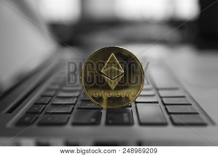 Ethereum Coin Symbol On Laptop, Future Concept Financial Currency, Crypto Currency Sign. Blockchain 