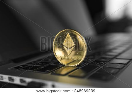 Ethereum Coin Symbol On Laptop, Future Concept Financial Currency, Crypto Currency Sign. Blockchain 
