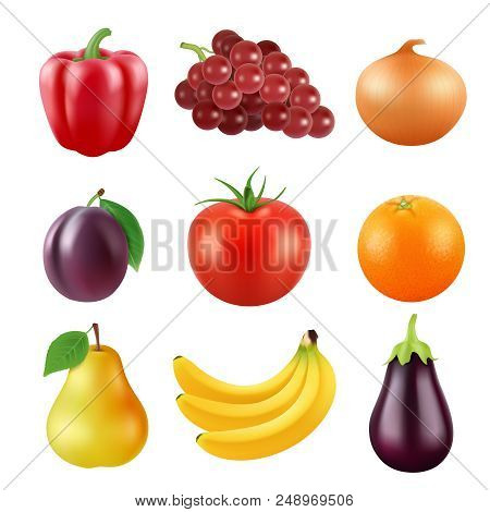 Realistic Vector Pictures Of Fresh Fruits And Vegetables. Fruit Food And Vegetable, Orange And Plum,