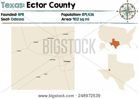 Detailed Map Of Ector County In Texas, Usa.