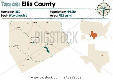 Detailed Map Of Ellis County In Texas, Usa.