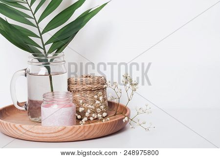 Candle, Small Strw Backet And Other Cozy Home Items Close-up.