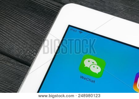 Sankt-petersburg, Russia, July 6, 2018: Wechat Messenger Application Icon On Apple Ipad Pro Smartpho