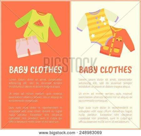 Baby Clothes, Two Colorful Vector Illustrations Isolated On White And Red, Clothes With Car Watermel