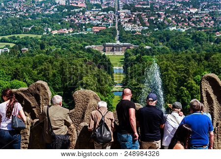 Kassel, Germany-june 14, 2017: People Looking Down At Waterfeatures In Castle Park Wilhelmshöhe