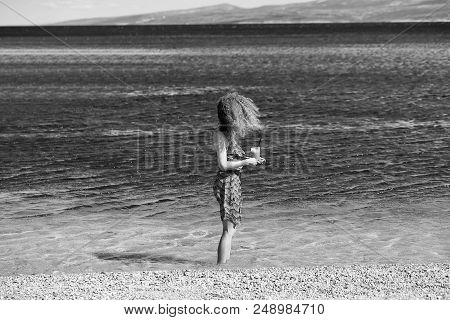 Young Pretty Sexy Cute Girl Or Woman With Curly Blonde Hair In Summer Dress With Coffee Glass Sunny 