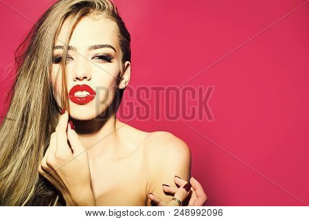 Beauty Fashion Model Portrait. Splendid Sensual Nice Young Blonde Woman Model With Bright Make-up Ba