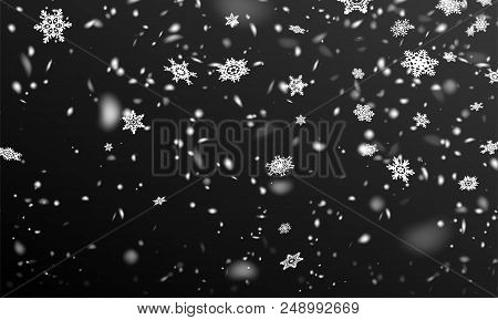 Stock Vector Illustration Realistic Defocused Falling Snow. Snowflakes, Snowfall. Transparent Backgr