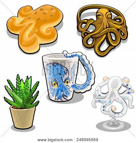 The Set Of Objects In The Form Of An Octopus Isolated On White Background. Themed Set. Vector Cartoo