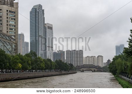 Chengdu, Sichuan Province, China - July 11, 2018 : Jiuyan Bridge And Jinjiang River In Flood After H