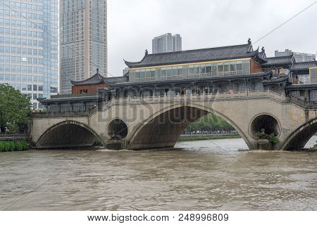 Chengdu, Sichuan Province, China - July 11, 2018 : Jiuyan Bridge And Jinjiang River In Flood After H
