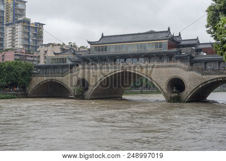 Chengdu, Sichuan Province, China - July 11, 2018 : Jiuyan Bridge And Jinjiang River In Flood After H