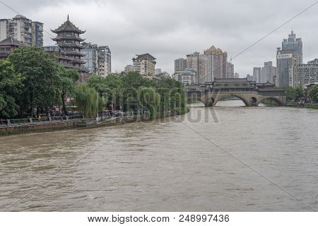 Chengdu, Sichuan Province, China - July 11, 2018 : Jiuyan Bridge And Jinjiang River In Flood After H