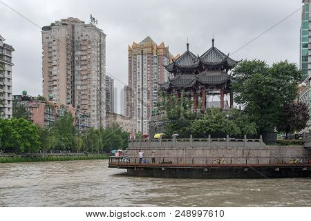 Chengdu, Sichuan Province, China - July 11, 2018 : Hejiang Pavilion And Jinjiang River In Flood Afte